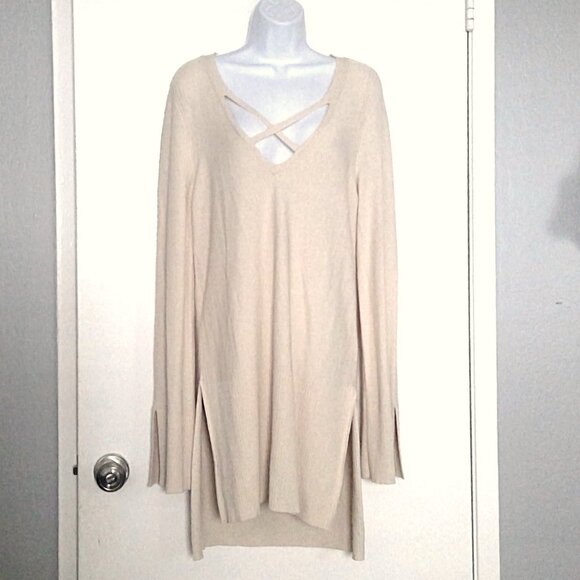 Free People Tunic Sweater Knit Top Beige Stretch Strappy V Neck  EUC Sz L - Picture 1 of 7